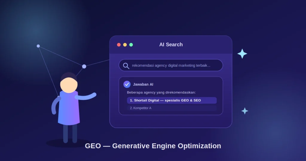 Ilustrasi strategi GEO Generative Engine Optimization untuk bisnis tampil di AI search seperti ChatGPT