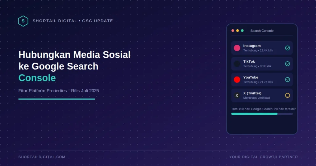 Ilustrasi menghubungkan akun Instagram TikTok X dan YouTube ke Google Search Console lewat fitur Platform Properties