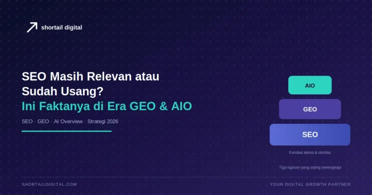 Ilustrasi SEO sebagai fondasi dengan GEO dan AIO sebagai lapisan strategi digital marketing di atasnya